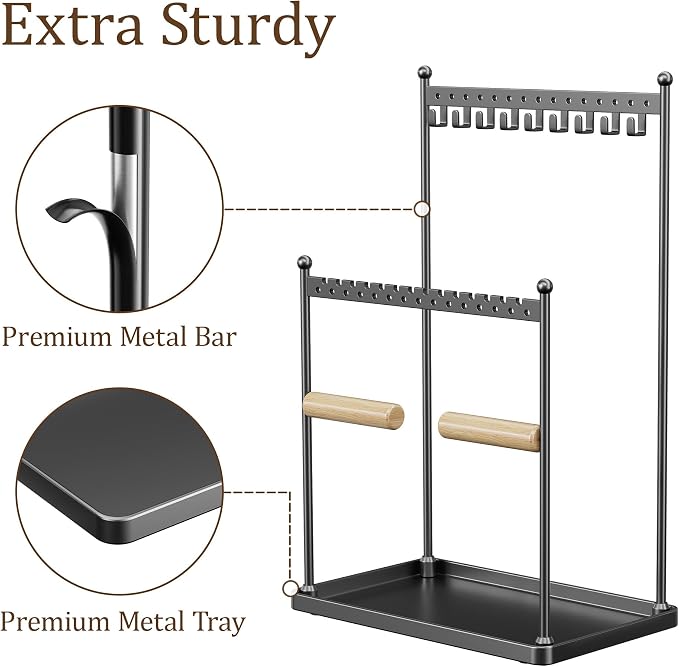 3 Tier Black Jewelry Stand, Necklace Organizer, Earring Holder with 44 Holes and 9 Hooks, for Necklaces, Bracelets, Rings - Image 6