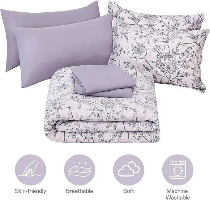 Yiran Botanical Floral Purple Comforter King 7 Piece Bed in a Bag Soft Microfiber Bedding Comforter Set for All Season (1 Comforter,2 Pillowcases,2 Pillow Shams,1 Flat Sheet,1 Fitted Sheet)