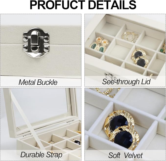 Fordonral Velvet Jewelry Organizer Box, Jewelry Drawer Organizers Trays, Earring Ring Necklace Holder Display Case (Beige, 12 Grid Box) - Image 2