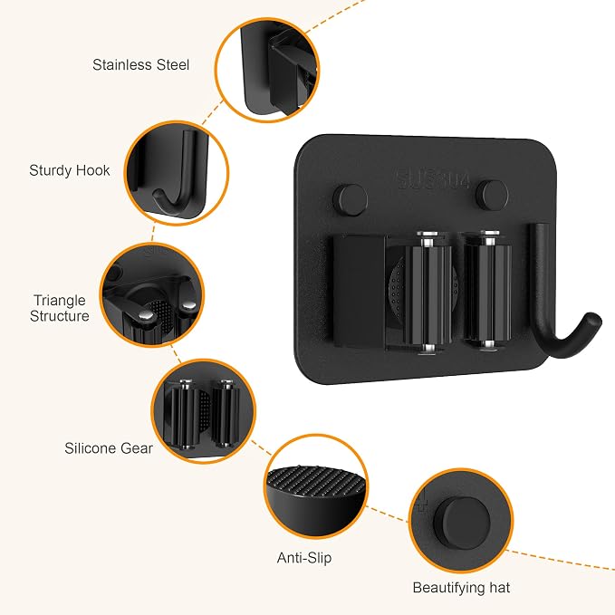 4 Pack Stainless Steel Broom Holder Wall Mount with Hook, Screw Drilling Broom and Mop Organizer Wall Hanging, Heavy Duty Storage Rack for Laundry Garage Closet Garden Tool Organizer, Black - Image 3