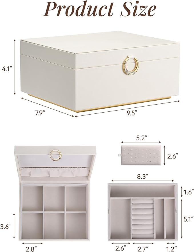 pickpiff 2 Layer Jewelry Box Organizer for Women, Jewelry Organizer with Handle & Removable Tray, Necklace Holder Ring Earring Storage, Velvet Lined Jewelry Case for Home or Travel, Gift Ready, Beige - Image 6