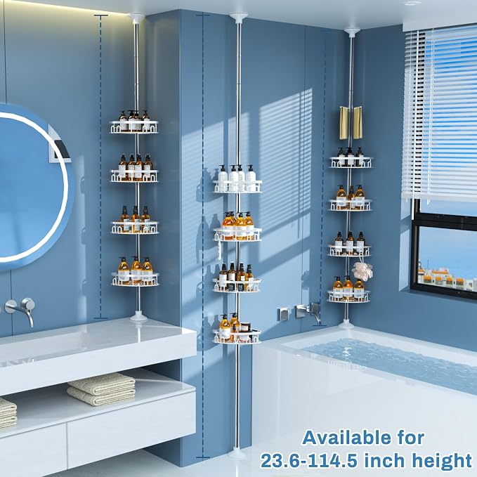 Rustproof Shower Corner Caddy Shelf for Bathroom Tension Pole Organizer with 4 Baskets for Bathtub Shampoo Storage from 23.6 to 114.5 Inch with Towel Bar (Silver) - Image 2