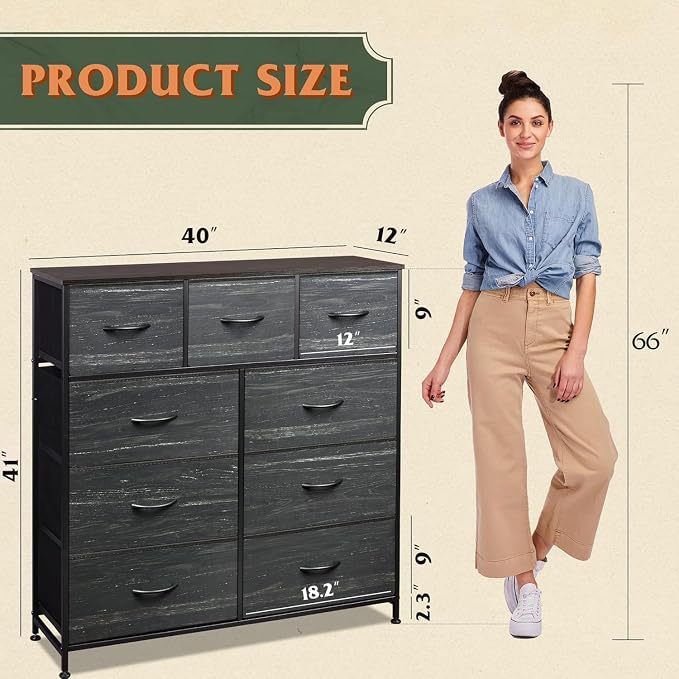 WLIVE 9-Drawer Dresser, Fabric Storage Tower for Bedroom, Entryway, Closet, Tall Chest Organizer Unit with Fabric Bins, Steel Frame, Wood Top, Easy Pull Handle, Charcoal Black Wood Grain Print - Image 3