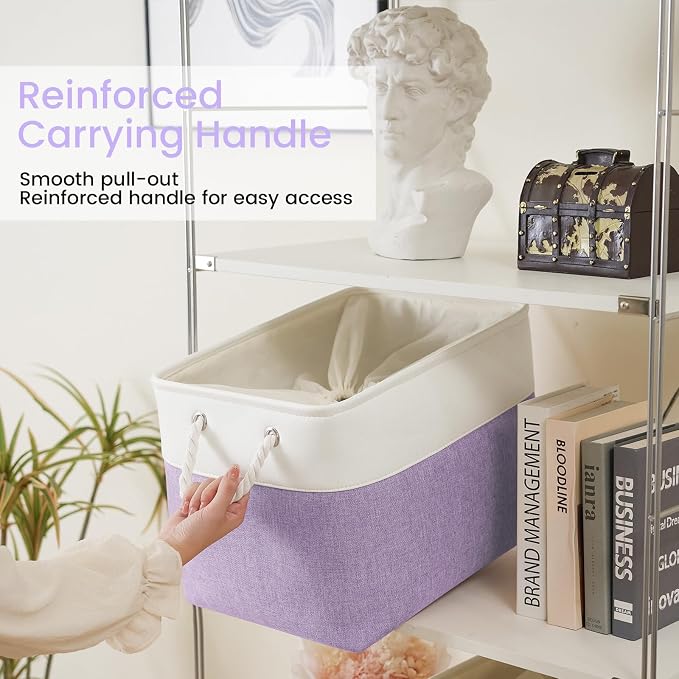 Large Storage Baskets- 16x12x12 inch Storage Bins for Shelves and Closet Organizing, Foldable Fabric Bin for Home Organization Clothes and Laundry (1-Pack, White&Purple) - Image 4