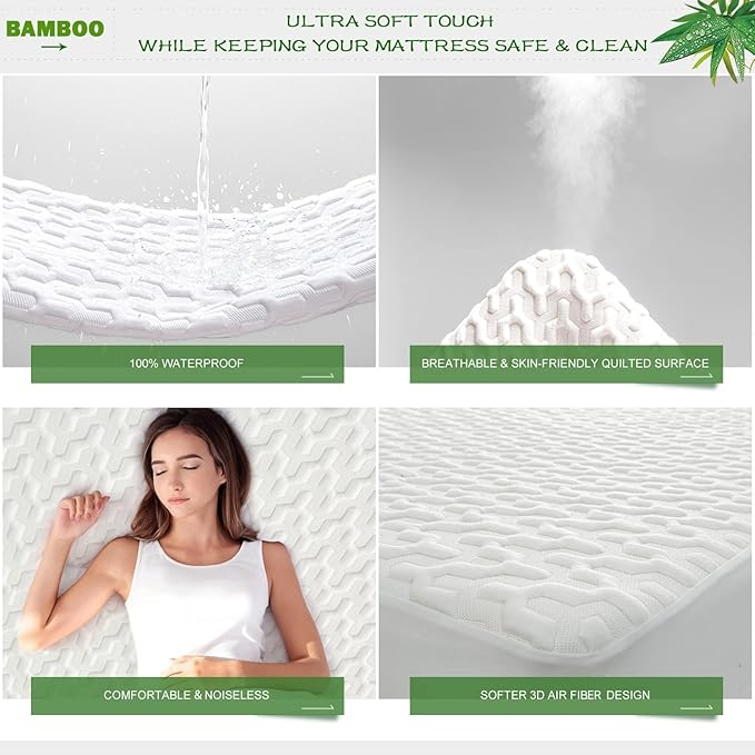 GRT Twin XL Size Waterproof Mattress Protector Rayon Bamboo - 3D Air Fiber Cooling Mattress Protector Cover, Breathable Mattress Pad Noiseless 8''-21'' Deep Pocket Machine Washable