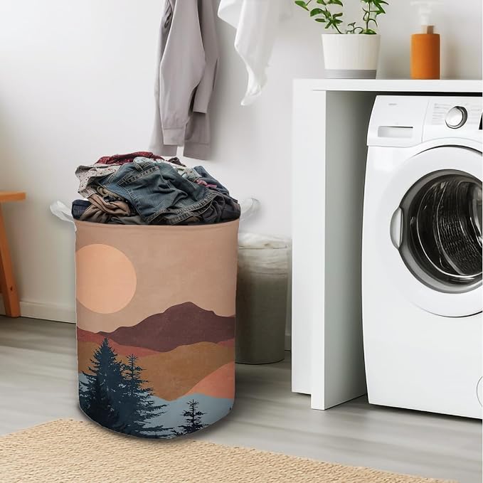 Boho Laundry Basket, Mid Century Modern Boho Sun Forest Mountain Waterproof Collapsible Laundry Hamper Dirty Clothes Storage Toy Bin Organizer for Bathroom Bedroom Nursery Girls Kids Room - Image 2