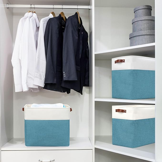 Bagnizer Large Fabric Storage Baskets | 50L Storage Bins, Decorative Linen Closet Baskets with Handles for Organizing, Shelf, Toys, Clothes, Home, Office, Nursery, 17x12x15Inches (Teal&White) - Image 2