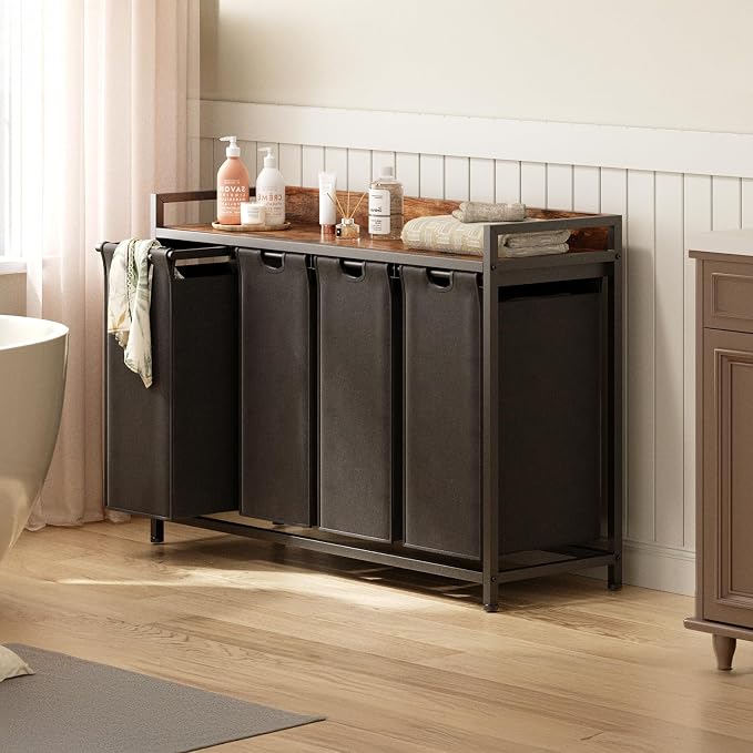 Herture Laundry Hamper with Shelf, Laundry Basket 4 Section, Laundry Sorter with Pull-Out Removable Large Bags and Movable Wheels, Metal Frame, 4 x 15.87 Gallons (60L), Rustic Brown + Black PF07XLY - Image 6