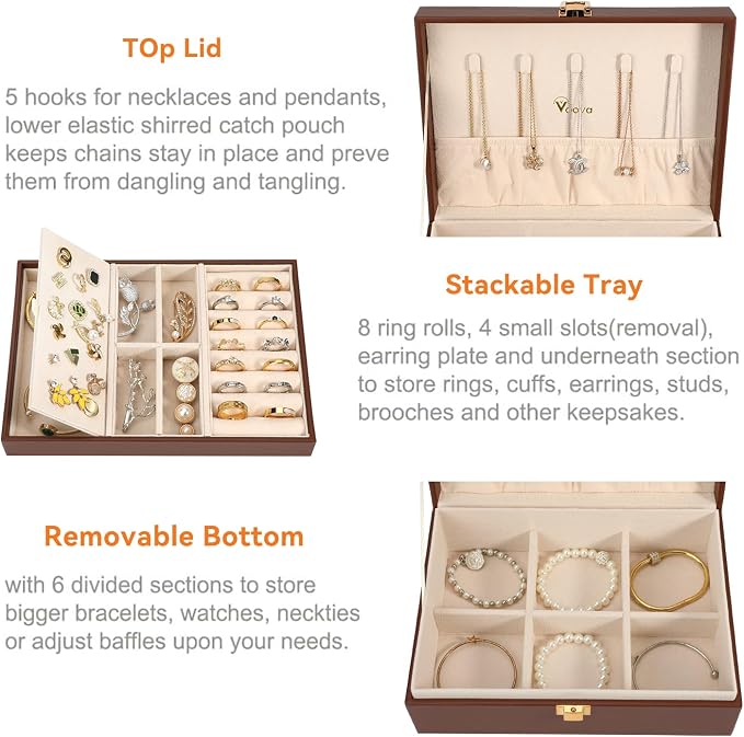 Voova Jewelry Box Organizer for Women Girls, 2 Layer Large Men Jewelry Storage Case, PU Leather Display Jewellery Holder with Removable Tray for Necklace Earrings Rings Bracelets, Caramel Brown - Image 2
