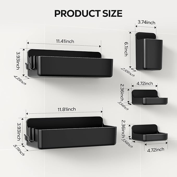 Nieifi Shower Shelves 5 Pack, Adhesive Shower Wall Shelf Organizer for Bathroom Organization, Black - Image 2