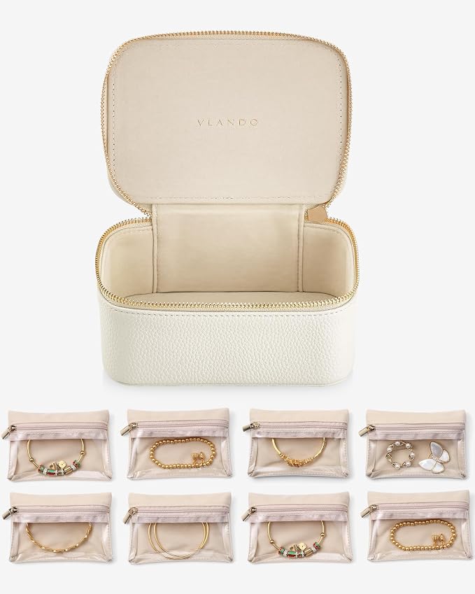 VLANDO Jewelry Travel Case,Travel Jewelry Organizer with Clear Velvet Jewelry Bags Zipper Pouch for Women Girl Gift- 8Pcs White by VLANDO