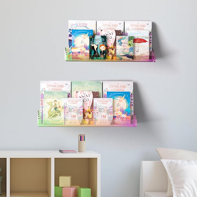 Bakzon 2 Pack Acrylic Shelves for Wall Storage, 15" Floating Shelves, Kids Bookshelf, Nail Polish Holder, Perfume Display Shelf Organizer for Bathroom, Bedroom, Living Room, Iridescent - Image 7