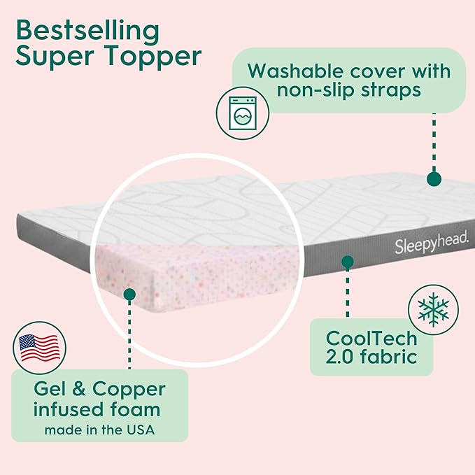 Sleepyhead Twin 3 Inch Mattress Topper, Super Gel & Copper-Infused Memory Foam for College Dorm Beds, Cooling & Support, Made in USA, Removable Washable Cover, CertiPUR-US® Certified (Twin 3")