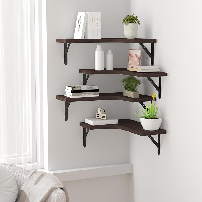 ROMGUAR CRAFT Corner Floating Shelves Wall Mounted Set of 4, Rustic Wood Storage Display Shelves for Home Decor, Bathroom, Kitchen, Bedroom, Living Room, Office (Brown) - Image 5