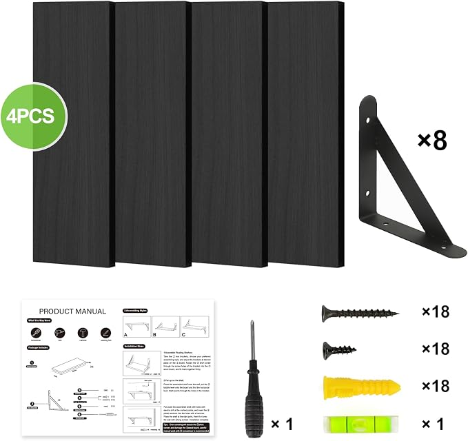 Fixwal Floating Shelves for Wall, Wood Wall Mounted Shelves for Bedroom, Bathroom, Living Room, Kitchen Storage and Decor(Black, Set of 4, 16.5 Inch) - Image 5