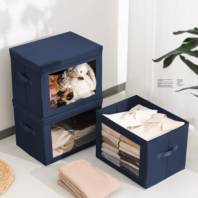 Homsorout Stackable Storage Bins with Lids - Large Storage Box with Lids, Foldable Closet Boxes for Organizing, Wardrobe Clothes Organizer with Window, Cubes Bins for Living Room, 6 Pack, Navy Blue - Image 4