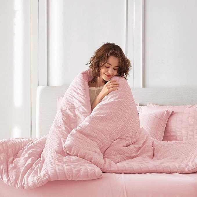 MUXHOMO 7 Pieces King Comforter Set, Seersucker Bed in a Bag King Size, All Season Luxury Bedding Set with Comforter, Flat Sheet, Fitted Sheet, Pillowcases & Shams, Pink
