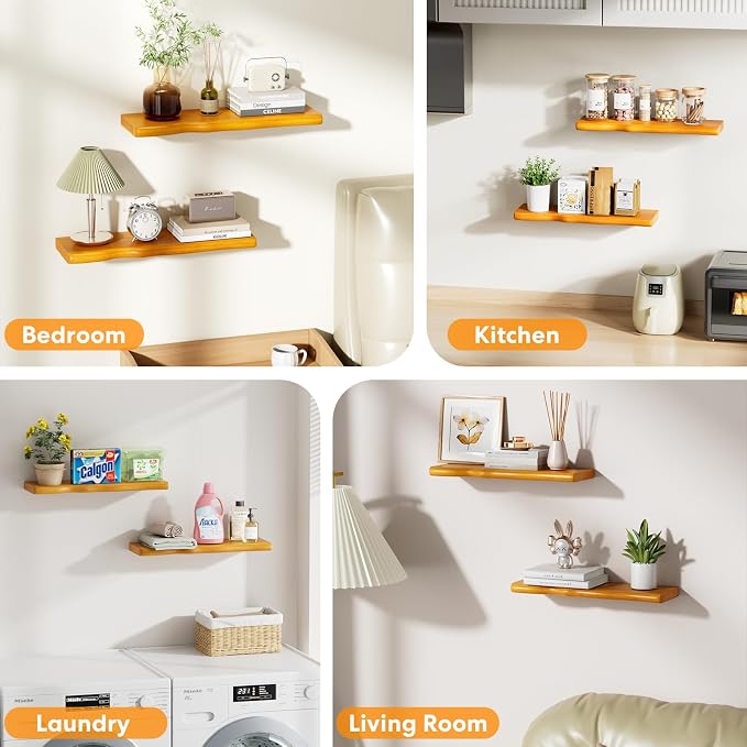 Floating Shelves for Wall Rustic Farmhouse 24 Inch Floating Shelf Wooden Shelves for Wall Mounted Live Edge Pine Shelf with Unique Natural Grain for Living Room Bedroom Kitchen (Honey Walnut) - Image 6