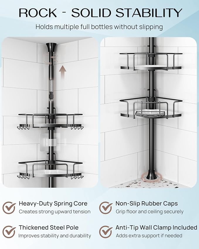 ALLZONE Corner Shower Caddy Tension Pole, 4 Hang-On Basket with Mixed-Height Shelves for Various Bottle Sizes, Extra Hooks & Soap Holder, Rustproof Stainless Steel, Fits 34–116 Inch, Black/White - Image 6