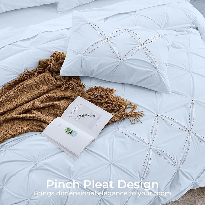 Sasttie California King Comforter Set, 7-Piece Bed in a Bag, Pintuck Bedding Sets for All Season, Includes Comforter, Flat Sheet, Fitted Sheet, Pillowcases and Pillowshams, Light Blue