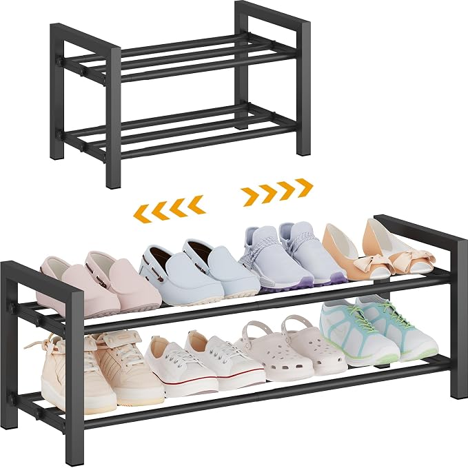 Detsuk 2-Tier Expandable Shoe Rack (17.5"-30.7") – Adjustable Heavy-Duty Metal Shoe Organizer Shelf for Closet, Entryway, Mudroom & Garage – Durable Freestanding Storage, Black by Detsuk