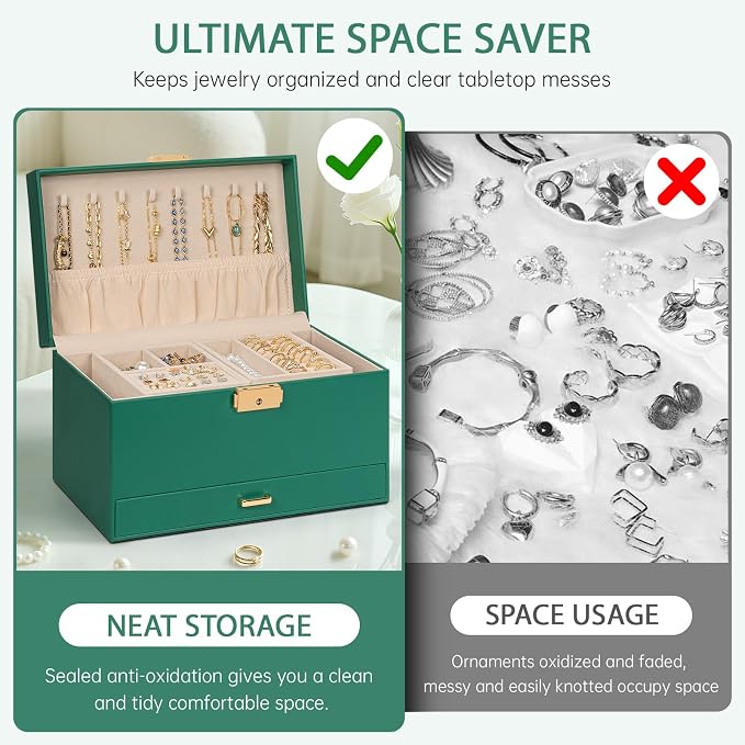AKOZLIN Travel Jewelry Box Organizer Functional 2-trays Leather Jewelry Storage Case with Lockable Portable Drawer for Women Girls Ring Necklace Earring Bracelet - Image 8
