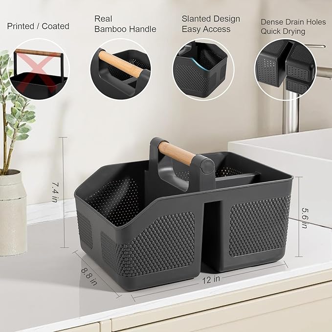 rejomiik Shower Caddy Portable with Bamboo Handle, Plastic Basket Cleaning Caddy Organizer Storage Tote for Bathroom, College, Dorm Room Essentials, Dark Gray - Image 2