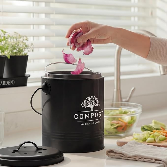 Perfnique Kitchen Compost Bin, 1.3 Gallon Countertop Compost Bin with Lid, Indoor Compost Bucket Includes Inner Bucket Liner and Carbon Filter, Small Compost Bin with Trash Bags (with Bags, Black) - Image 6