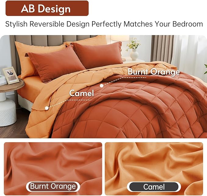 MUXHOMO 7 Pieces Full Comforter Set, Reversible Bed in a Bag Full Size, All Season Bedding Set with Comforter, Flat Sheet, Fitted Sheet, Pillowcases & Shams, Burnt Orange & Camel