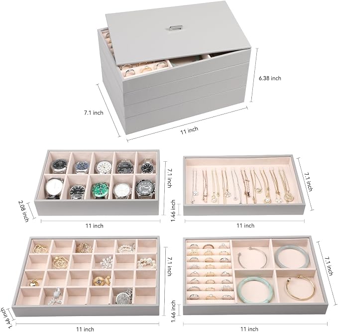 Voova Stackable Jewelry Organizer Tray with Lid, PU Leather Jewelry Storage Holder for Drawer Inserts, Jewellery Display Box Case for Earring Necklace Ring Watch Bracelet (Set of 4, Grey) - Image 5
