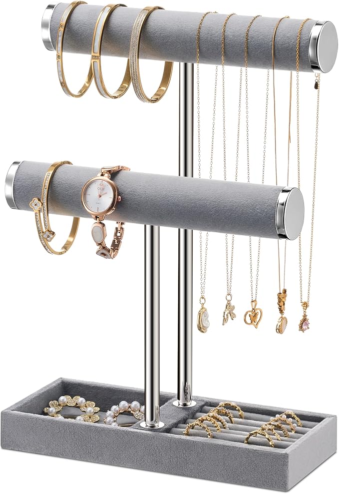 bussdis 2 Tier Bracelet Holder Display - Detachable T Bar Grey Velvet Bracelet Holder, Jewelry Holder Organizer for Bracelet, Necklace, Earrings, Rings by BUSSDIS