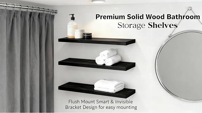 ROGMARS Black Wooden Floating Shelves for Wall 36 Inches Long,Rustic Solid Wood Farmhouse Wall Shelves with Invisible Brackets for Bathroom, Living Room, Bedroom, Kitchen Set of 3 - Image 7