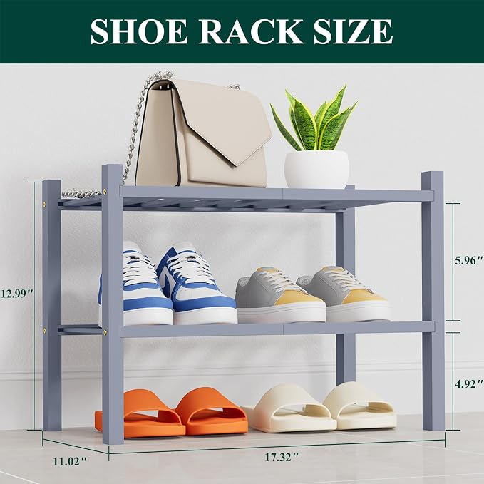 Smiry Shoe Rack, 2 Tier Thick Small Bamboo Shoe Organizer, Stackable Free Standing Wooden Shoe Storage Shelf for Closet, Entryway, Front Door Entrance, Grey - Image 2