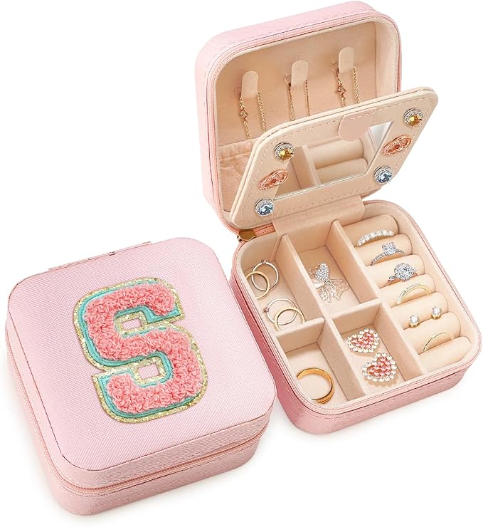 SANDJEST Personalized Jewelry Box, Pink Travel Jewelry Box with Initial S, Small Monogrammed Jewelry Case Organizer for Girls Women Teen Kids, Mini Travel Essentials Gifts for Birthday Christmas by SANDJEST