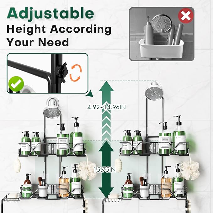 Sewulidon Stainless Steel Hanging Shower Caddy for Handheld Shower Heads,Adjustable Height Extra Long Bathroom Shower Organizer Hanger Rack with Hooks,Soap Holder - Image 6