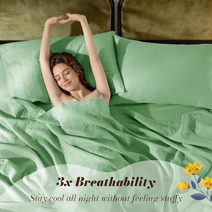 SONORO KATE 100% French Pure Linen Sheets, Breathable and Durable Linen Queen Size Sheets, Anti-Tear Linen Bed Sheets, Machine Washable, 16 Inch Deep Pocket - 4 Piece (Green, Queen)