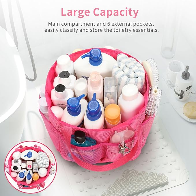 Mesh Shower Caddy Portable for College Dorm Room Essentials, Shower Tote Bag with Hanging Hook and Drawstring, Quick Dry Toiletry Bag with 6 Pockets for Bathroom, Swimming, Gym, Camping, Beach, Travel - Image 2