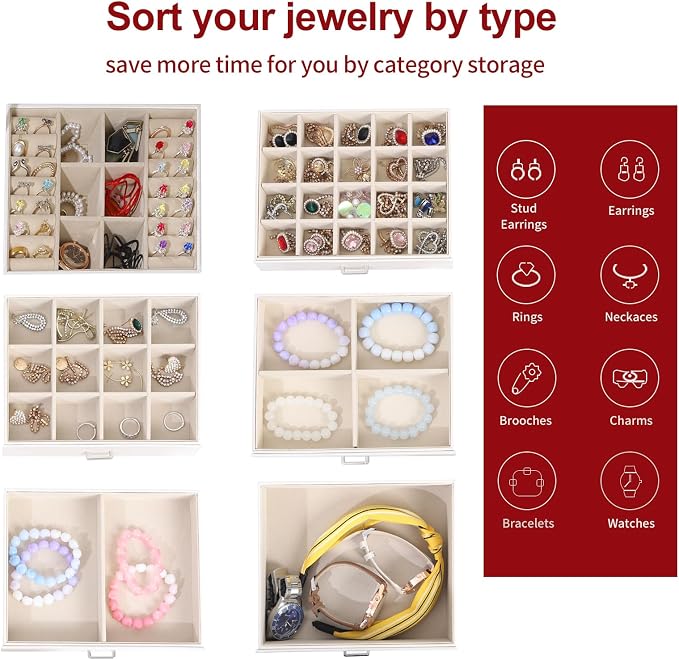 BOOVO Jewelry Box For women, 6 Layer Large Jewelry Organizer With Mirror, Multi-Function Storage Box With Lock, Accessory Holder With 5 Drawers, For Earrings Necklace Ring Bracelet (White) - Image 3