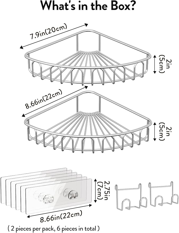 Orimade Corner Shower Caddy Stainless Steel with Hooks Wall Mounted Bathroom Shelf Storage Organizer Adhesive No Drilling 2 Pack, Silver Only for 90-Degree Corner - Image 10