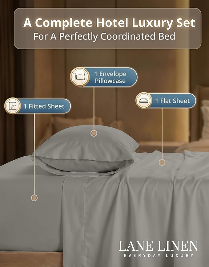 LANE LINEN Twin Bed Sheets Set - 600 Thread Count Premium Sateen Weave for Gentle Feel On Skin - 100% Cotton, Breathable Sheet Set for Added Comfort - Fits Mattresses Upto 15'' Deep - Silver