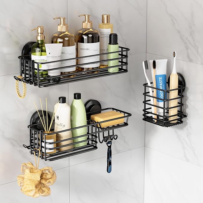 LEVERLOC Shower Caddy Suction Cup, 3 Pack Heavy Duty Bathroom Organizer for Inside Shower with Hooks & Soap Holder, Removable Bathroom Organizer, Rustproof Black Holder Storage Black by LEVERLOC