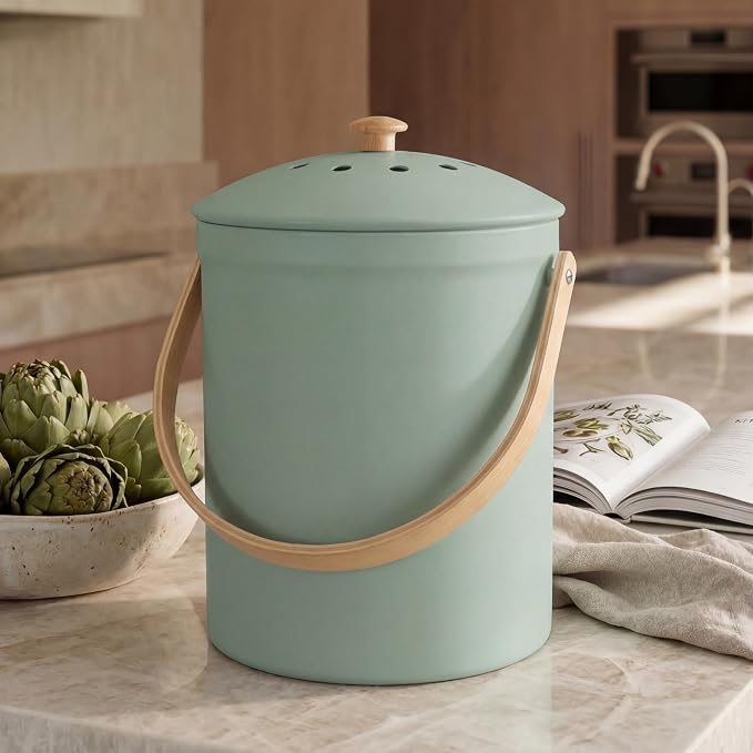 Beautiful Kitchen Compost Bin with Smell Proof Lid - Rust Proof and Odorless Compost Bucket for Your Countertop with No Smell Filters - Easy to Clean 1.1 Gallon Bin Looks Great On Any Kitchen Counter by KIBAGA