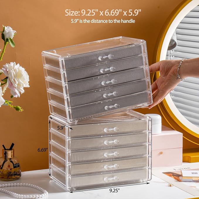 YUFONG Necklace Holder Organizer, Dustproof Necklace Box Velvet Necklace Organizer Box with Lid Clear Acrylic Dustproof Stackable Jewelry Displays for Necklaces Chain Display (Gray, 5 Drawer) - Image 6