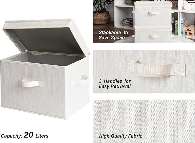 StorageWorks Fabric Storage Bins with Lid, Decorative Storage Boxes for Shelves, Stackable Closet Organizer Basket with Handles, Large, Mixing of Beige, White & Ivory, 2-Pack - Image 3