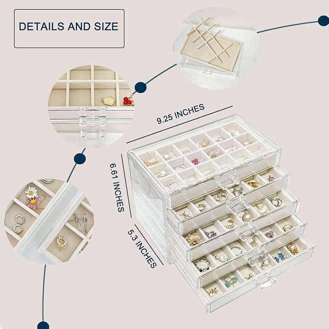 Acrylic Earring Holder Organizer with 5 Drawers Clear Earring Organizer Box with 90 Adjustable Grids Velvet Earring Display Case Jewelry Organizer for Earrings Rings Studs (Beige) - Image 2