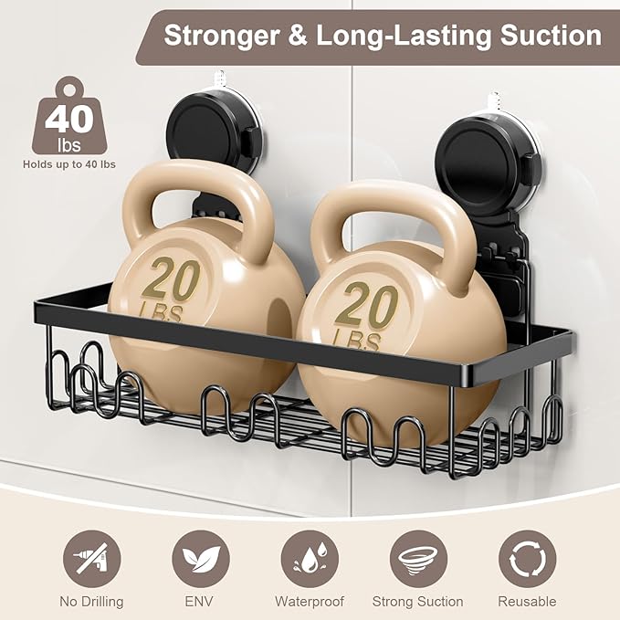 JOTPE Shower Caddy Suction Cup 2 Pack, No Drilling Shower Organizer for Bathroom with Large Capacity, Storage Suction Powerful Max Hold 40 lbs, Waterproof & Removable Bathroom Shelf, Black - Image 4