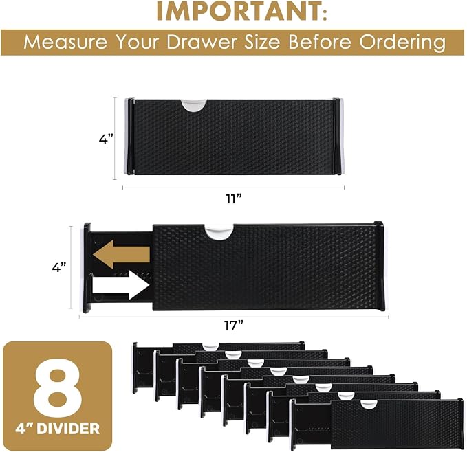 RAPTUROUS Adjustable Drawer Dividers 8 Pack, 4” High, 11-17” Long, Dresser Drawer Organizer for Bedroom, Closet, Kitchen, Nursery, Office, Strong Hold, Soft Foam Edges, Black - Image 2