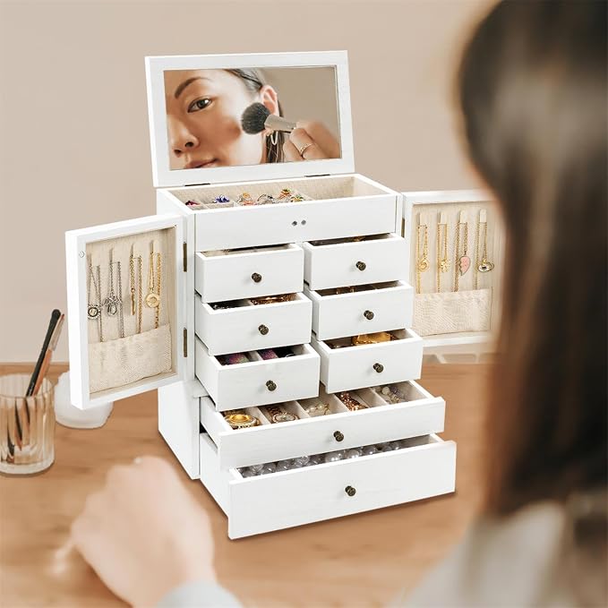 Emfogo Jewelry Box for Women Wooden Jewelry Boxes & Organizers 5-Layer Rustic Large Jewelry Organizer Box with Mirror & 8 Drawers for Rings Earrings Necklaces Bracelets Women Girls Gifts - Image 7