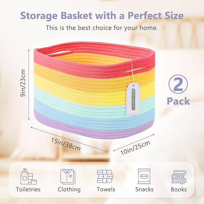 ECDYQXVU Cotton Rope Storage Basket, 15x10x9 Inches, Woven Basket for Shelves, Clothes, Towels, Books, and Laundry, Rainbow (2 Pack) - Image 3