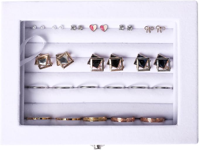 Frebeauty Rings/Earring Organizer Tray with Clear Lid,7 Slots Ring Box Velvet Ring Holder Drawer Insert Jewelry Storage Box Jewelry Display Case Jewelry Box Gift for Women and Girls(7 Slots,White) - Image 5